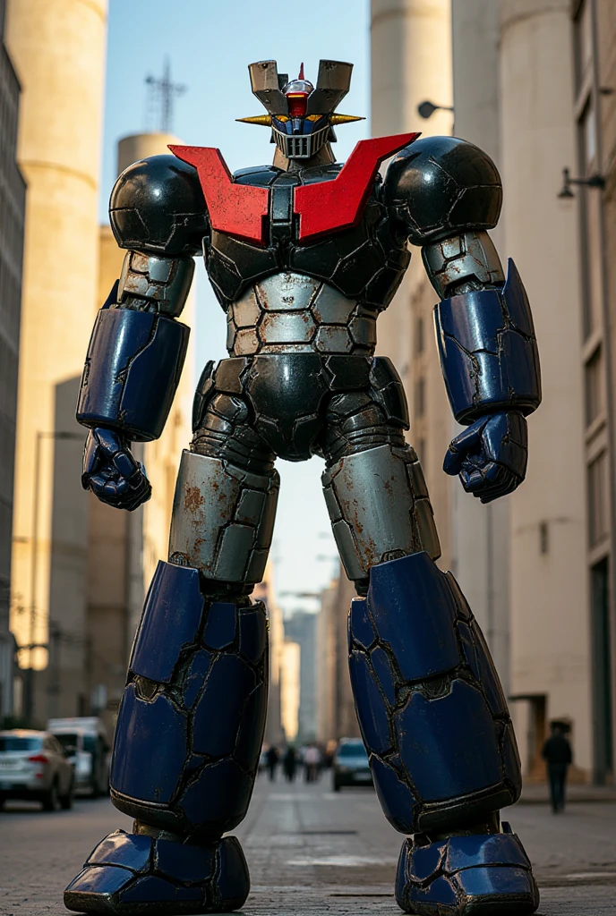   a very realistic version of the Mazinger Z ,  standing in a forward position at a height of 18 meters .  constructed with modern materials such as steel ,  Carbon Fiber ,  other industrial elements are also visible ,  just like the real thing , Rugged exterior .  with visible welds applied to its surface I'm , bolt,  realistic texture ,  showing signs of wear .  Iconic features such as the chest plate and head have been carefully recreated.  set in a modern industrial environment ,  the appearance of Mazinger Z standing around ,  illuminated by natural light 、 huge structures highlighted with realistic shadows . 