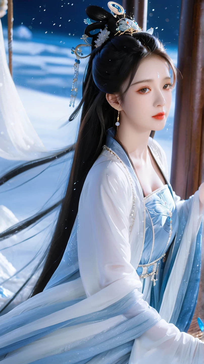  Best Quality  at best,  ultra high resolution, ((( 1 girl))),(Long black hair), Game Fairy, Old Palace , Blue and white hanfu , ,  Elegant Light Yarn , jewelry, (focus), ((( colorful))), particle effects , masterpiece,  Best Quality  at best, Beautiful painting, meticulous,   Very detailed , (masterpiece,  Best Quality  at best）  CG Uniform 8K Wallpaper，masterpiece， Best Quality ， super detailed）,  Ultra HD，Clear face