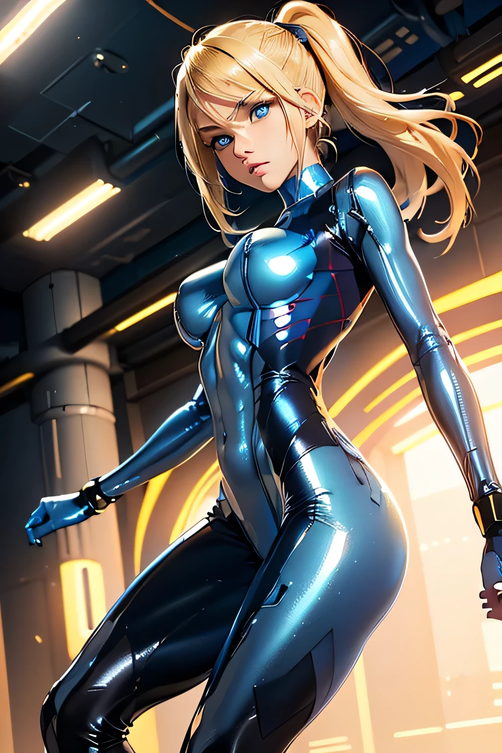 ((samus aran, de metroid)), sexy,tetas grandes,busto pefecto,((viste su traje ajustado de latex ((color azul celeste)) )) rodeada de muchos ((metroids)) ,traje azul ,muslos grandes y torneados, lleva su ropa ajustada en el fondo se puede otro mundo,8k, hiperrealista, todo parece un renderizado de motor irreal ((vista de cuerpo completo))