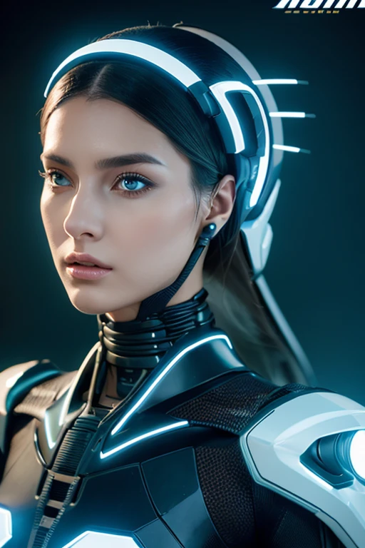 A mode photoshoot of a beautiful young woman wearing a futuristic outfit, with intricate patterns that makes her face visible. The figure is standing in a high fashion studio and has an eye-definition like focus on her eyes. This color scheme, Ultra-detailed portrayal the character's features are 8K resolution