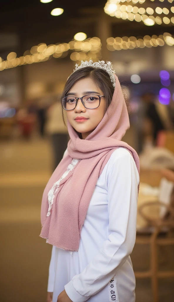 4k, masterpiece, best high quality, ultra-detailed, (ultra realistic:1.3), (clean photo:1.2), (ultra high resuliton:1.3), (soft lighting:1.2), (perfect image coloring), (bright lighting:1.2), indonesian face, beautiful face, perfect indonesian girl, student, (((wears square glasses))), aged 20, tiny, chest forward, smooth skin, curvy body, thin smile, background randomly, lots of people, (A girl wearing full hijab pashmina, wear square glasses, wedding clothing), full body view photos, high nose, thick lips, (F-Cup size breast), randomly pose,  wearing full hijab pashmina