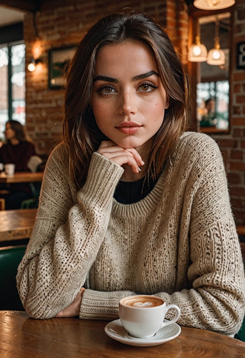 a beautiful young j0i woman, 20 лет, detailed eyes, minimal makeup, cozy coffee shop interior, woman sitting at a table, holding a cup of coffee, wearing a sweater and jeans, photorealistic, high quality, detailed, natural lighting, warm tones, cinematic, digital art 