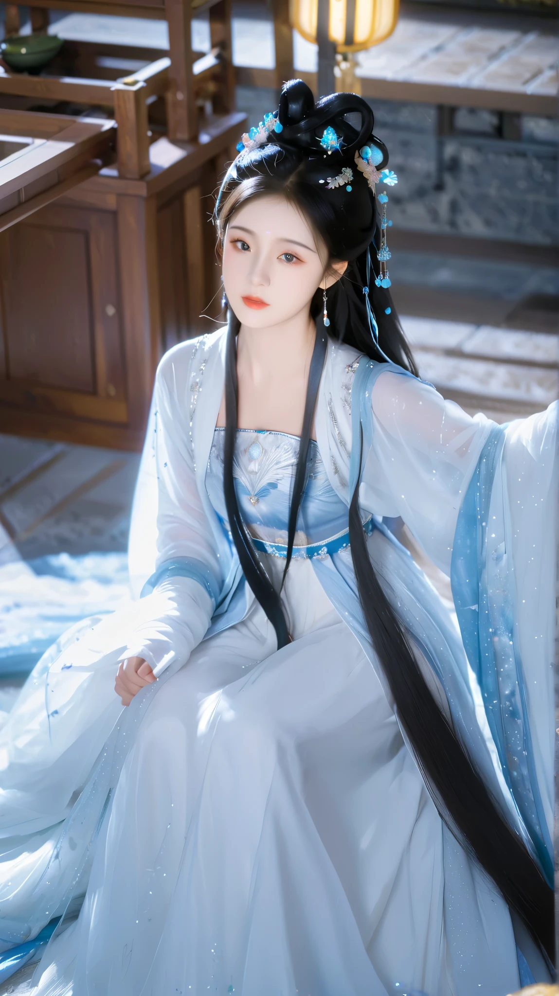  Best Quality  at best,  ultra high resolution, ((( 1 girl))),(Long black hair), Game Fairy, Old Palace , Blue and white hanfu , ,  Elegant Light Yarn , jewelry, (focus), ((( colorful))), particle effects , masterpiece,  Best Quality  at best, Beautiful painting, meticulous,   Very detailed , (masterpiece,  Best Quality  at best）  CG Uniform 8K Wallpaper，masterpiece， Best Quality ， super detailed）,  Ultra HD，Clear face