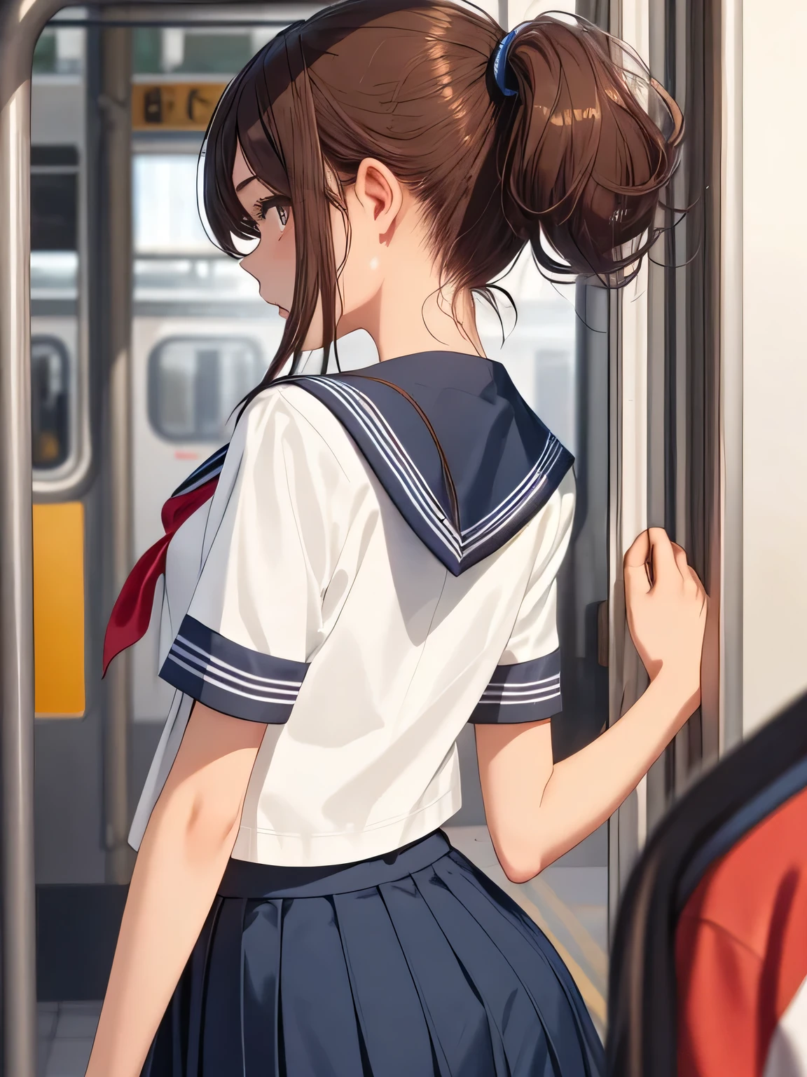 top quality , High Definition , 8k, Cute age Japanese woman , Brown Hair, Low Ponytail , perfect skin, flat chest, ( Japanese high school uniform , sailor suit, White summer clothes), Super Close Sexy Front Shot of Rear Neck, Rear Neck Closeup Seen from Right Behind , in a crowded train, dynamic and emotional movie lighting,