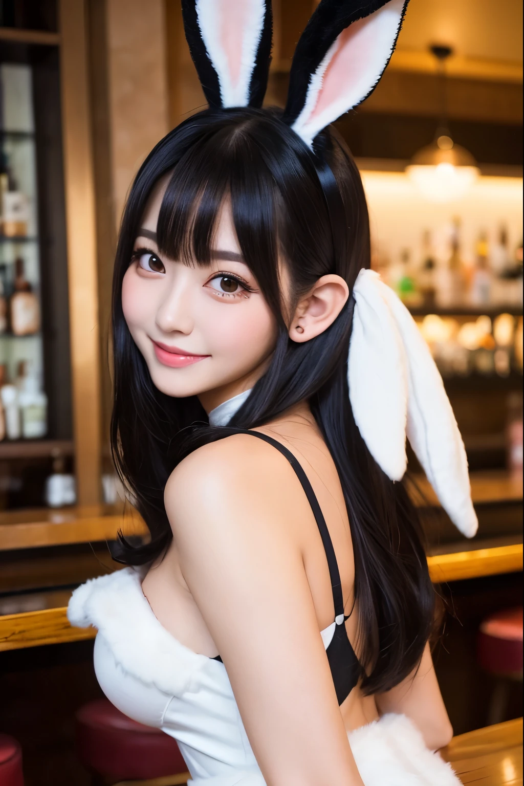 highest quality, Photoreal, finely, High resolution, 8k wallpaper, perfect dynamic compo座るion, beautiful and detailed eyes, black hair、big and full breasts、random sexy pose、chest to chest、(Breast bulge 1.3)、laughter、(droopy eyes 1.4)、adult beauty、Japanese、look at the person taking the photo、 ((playboy bunny, rabbit ears, black rabbit ears, fake rabbit ears, bow tie, wrist cuffs, black leotard)), bar