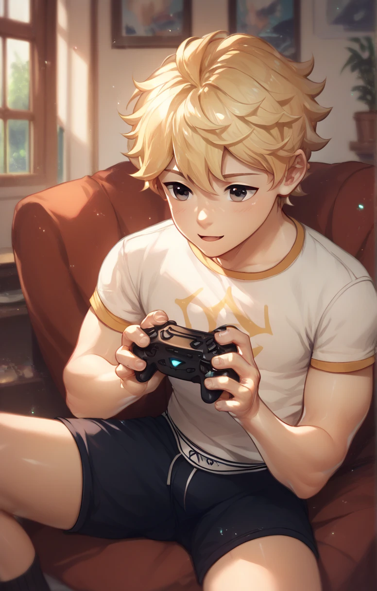  Cute young man twink curly blonde hair and black eyes black boxer briefs playing video games with Xbox controller in hand 