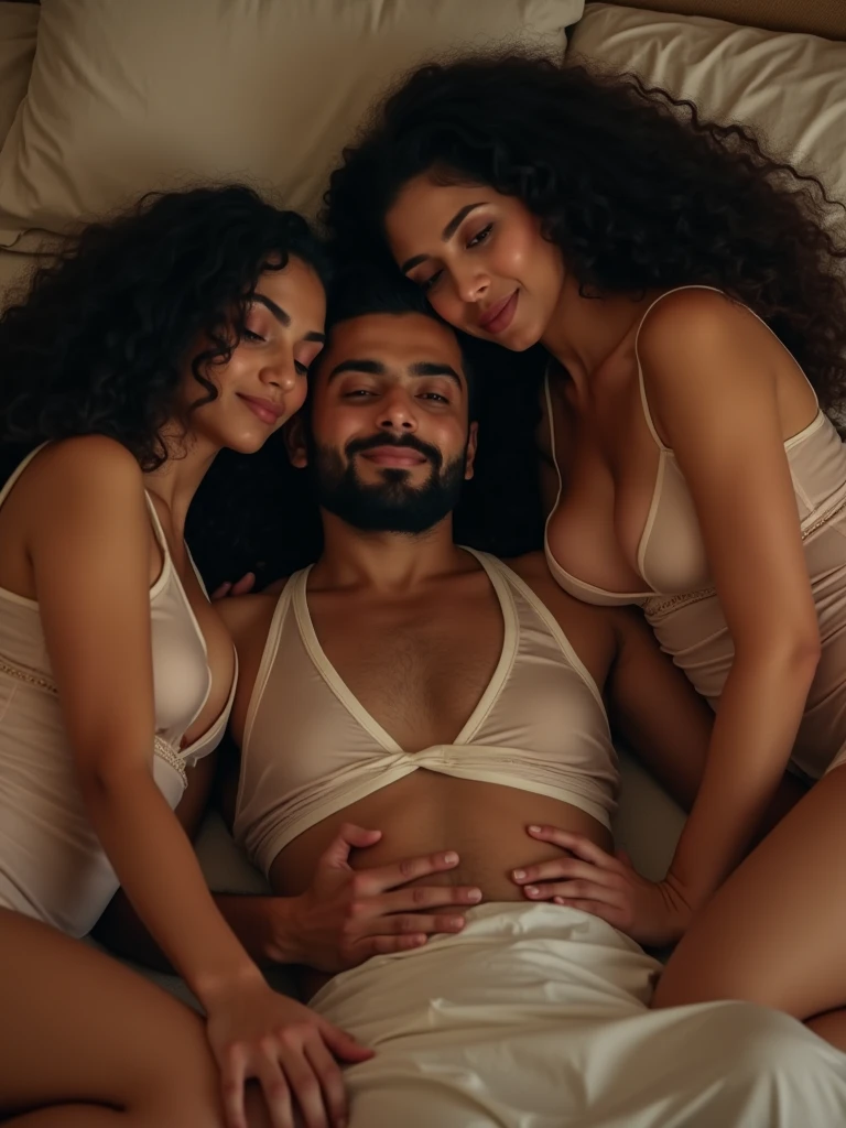 Two Indian uncle and a beautiful black Indian girl showing navel, big chest and deep cleavage,the girl is wearing sleeveless silk white crop top and two uncles are wearing only towel, girl is giving hot poses on bed with men, dark bedroom , threesome sex