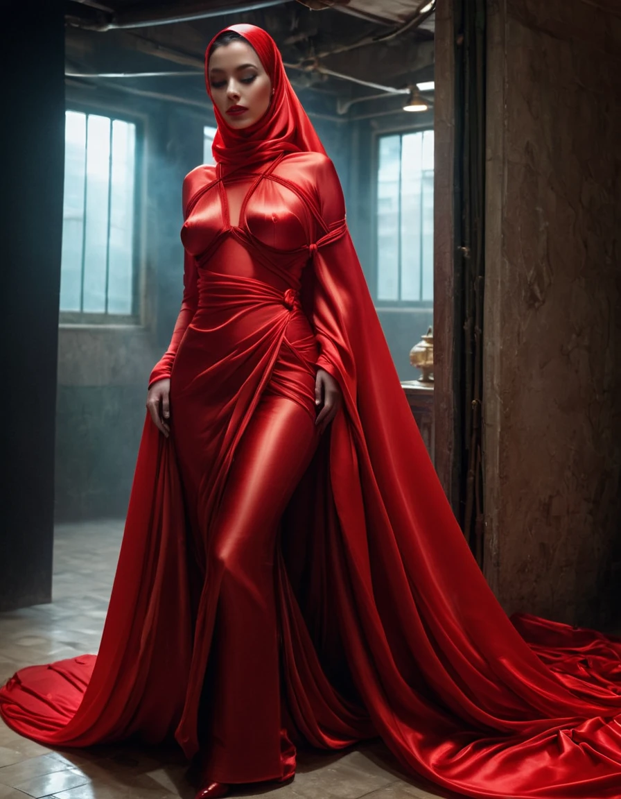a woman in the silk red sack, mummified, tight full body tied, satin sheet, nipple on, satin hijab, full body, long satin,mermaid tight long gown, hidden face under niqab, unseen eyes, all enclosed body, tall women, walk downstair, strugle to walk, flowing gown on stairs, dramatic haute gown, use high heels,