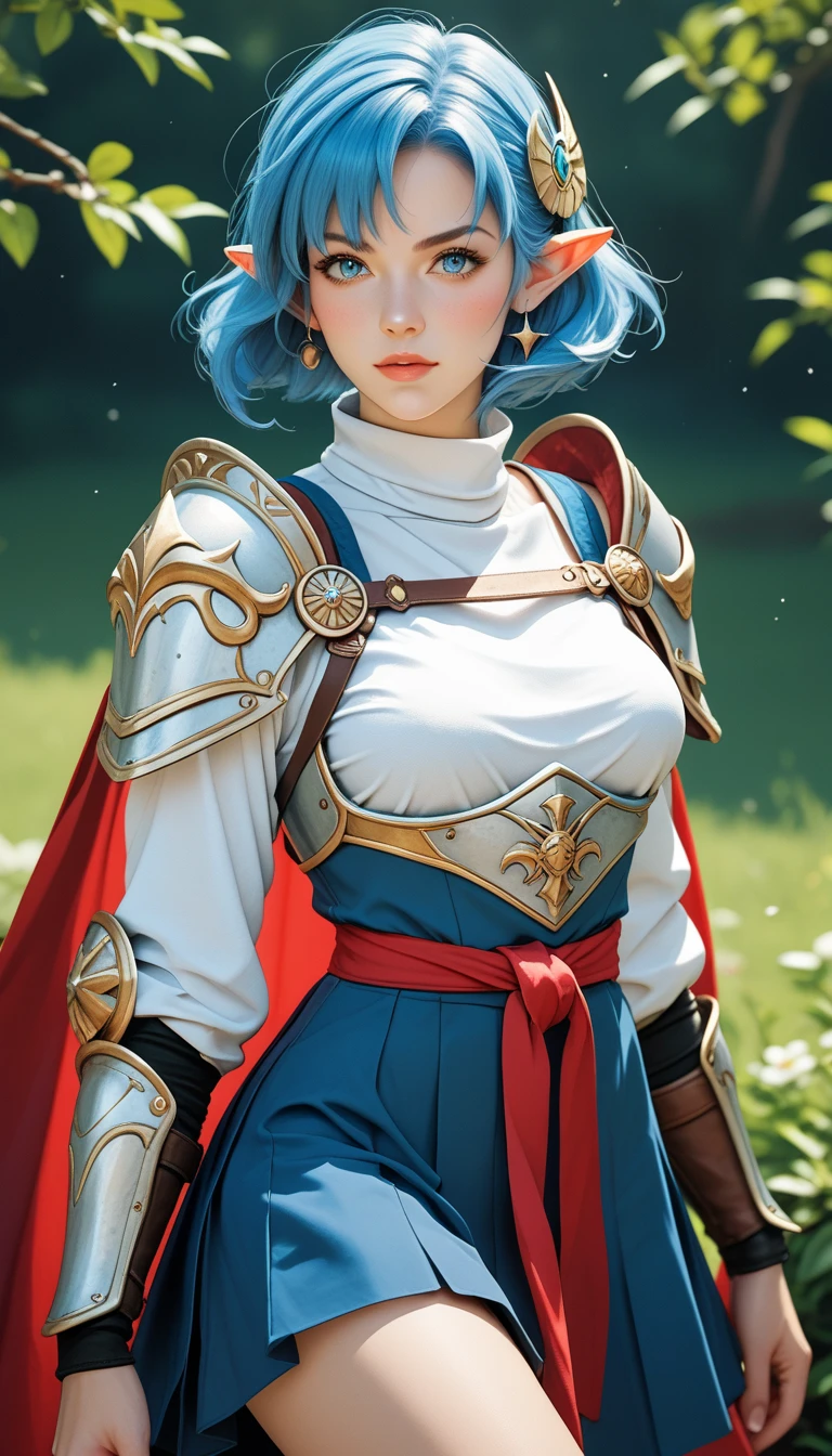 Score_9, score_8_up, score_7_up, rating_safe, rena lanford, 1woman, blue hair, short hair, blue eyes, pointy ears, crescent hair ornament, red cape, blue vest, leather armor, (no shirt under armor:1.37), red ribbon, waist ribbon, blue skirt, micro miniskirt, cropped at knees, dynamic action poses