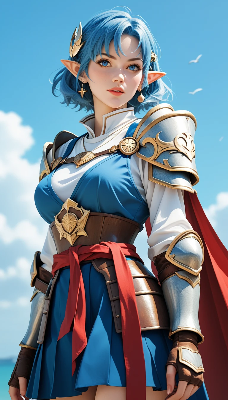 Score_9, score_8_up, score_7_up, rating_safe, rena lanford, 1woman, blue hair, short hair, blue eyes, pointy ears, crescent hair ornament, red cape, blue vest, leather armor, (no shirt under armor:1.37), red ribbon, waist ribbon, blue skirt, micro miniskirt, cropped at knees, dynamic action poses