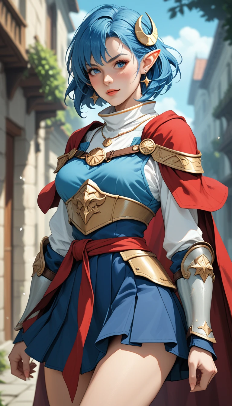 Score_9, score_8_up, score_7_up, rating_safe, rena lanford, 1woman, blue hair, short hair, blue eyes, pointy ears, crescent hair ornament, red cape, blue vest, leather armor, (no shirt under armor:1.37), red ribbon, waist ribbon, blue skirt, micro miniskirt, cropped at knees, dynamic action poses