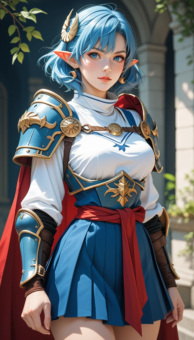 Score_9, score_8_up, score_7_up, rating_safe, rena lanford, 1woman, blue hair, short hair, blue eyes, pointy ears, crescent hair ornament, red cape, blue vest, leather armor, (no shirt under armor:1.37), red ribbon, waist ribbon, blue skirt, micro miniskirt, cropped at knees, dynamic action poses