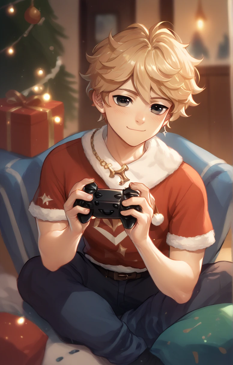  Cute young man twink with curly blond hair and black eyes wearing Christmas clothes playing video games with Xbox controller in hand 