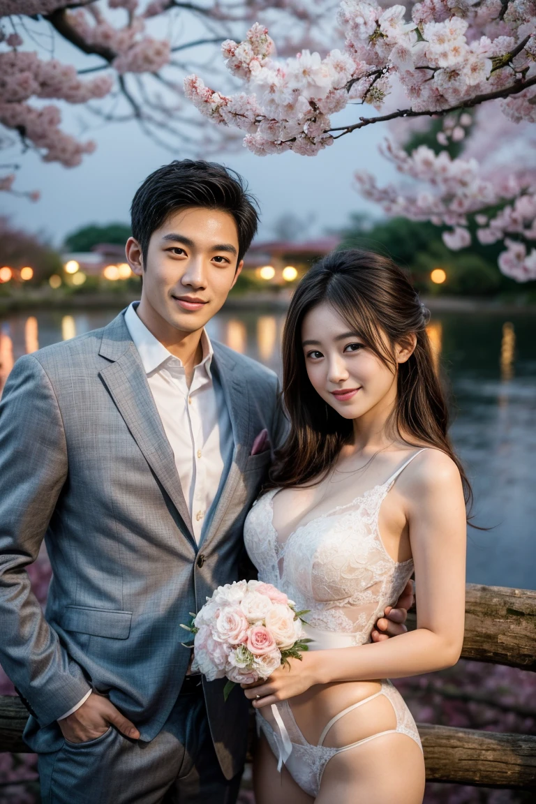 A handsome man and beautiful woman get married. Both are in their early twenties. The two looked at the camera with smiles on their faces.They are Wearing bikini. Japan. logging park. Cherry blossoms. mangrove. night view. whole body. wide angle, best quality, Excellent details, ultra high resolution
