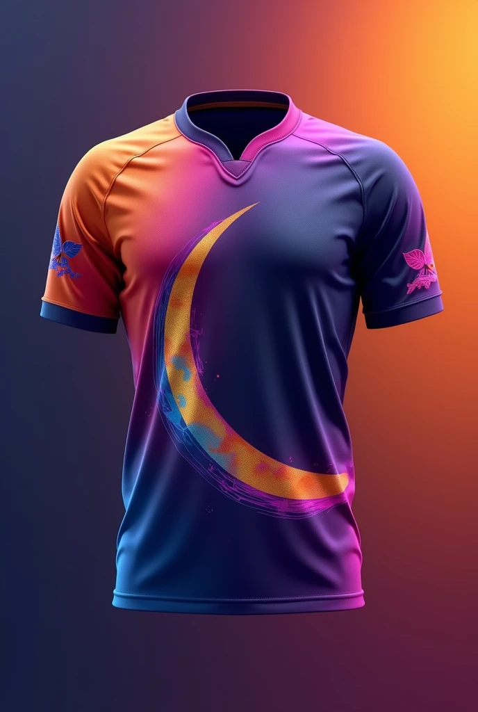 The image shows a man wearing a purple shirt with a yellow moon on it. The shirt is short sleeved and the man is standing against a blue wall, smooth 3d model, glossy plastic texture, multiple light sources, rim light, sharp post effects render, most beautiful vfx, , realistic, 4k, high resolution, rim light, smooth 3d model. ,  glossy texture, smooth 3d model, multiple light sources, rim light, sharp post effects render, (glossy plastic texture with multiple big light probe refractions), perfect cgi,   reflective, best quality, 4k, masterpiece:1.2, ultra-detailed, realistic, vivid colors, The image of the highest quality, ensuring every detail showcased perfectly. It in 4k resolution, allowing viewers to immerse themselves in the richness of the colors and intricate details. The realistic rendering. under the spotlight, reflecting, high-resolution image, realistic rendering