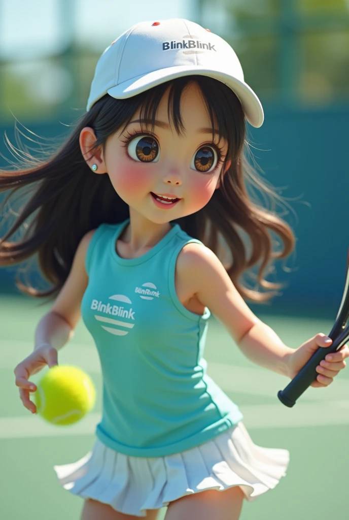 a beautiful girl, holding a tennis racket, pixar style, highly detailed, cinematic lighting, vibrant colors, photorealistic, 8k, masterpiece, professional 3d render, beautiful detailed eyes, beautiful detailed lips, extremely detailed face, long eyelashes, Whole body, dynamic pose, sports equipment, outdoor tennis court, blue sky, green grass, sun flare, cinematic camera angle