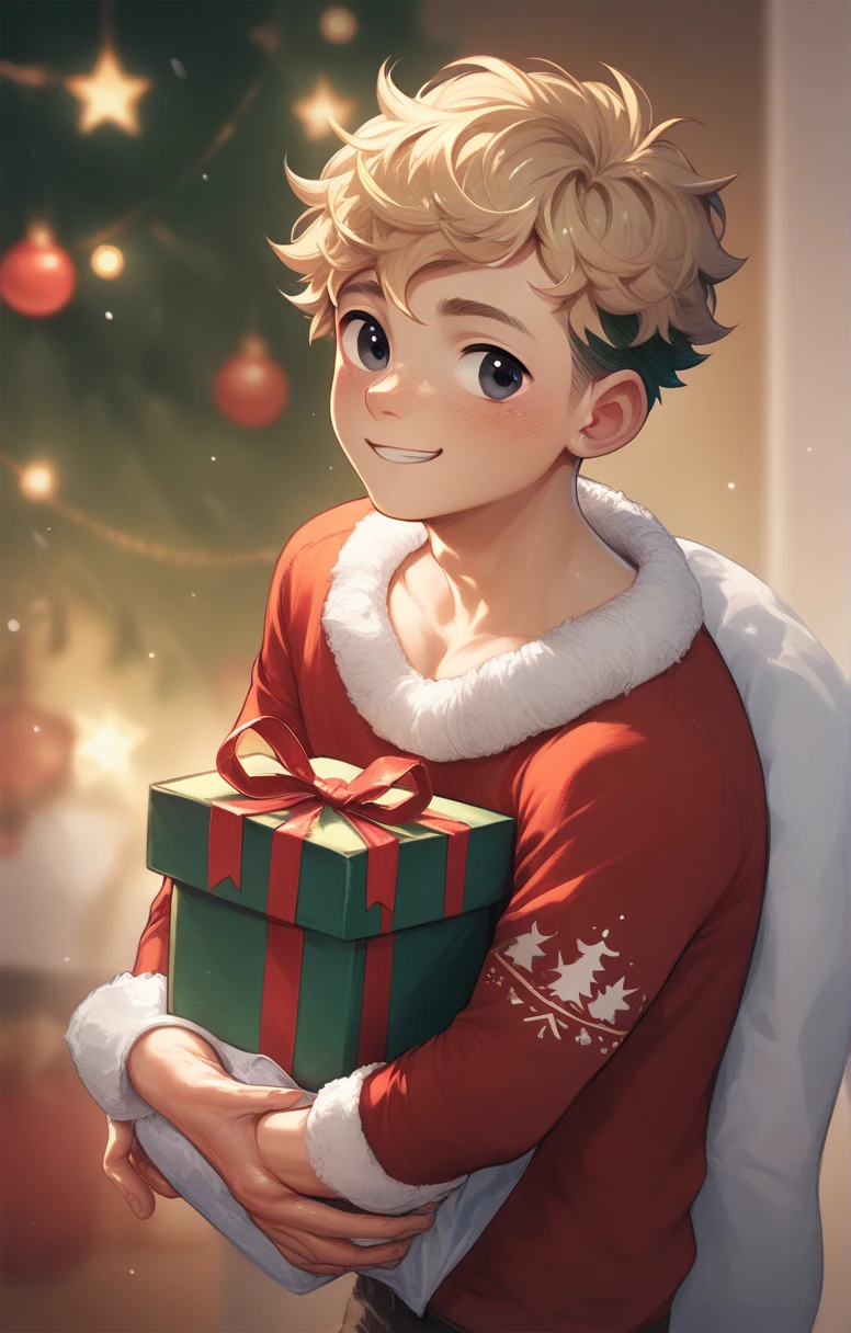  Cute young man twink curly blond hair and black eyes wearing Christmas clothes With a gift in his hand a merry Christmas is written on the gift 