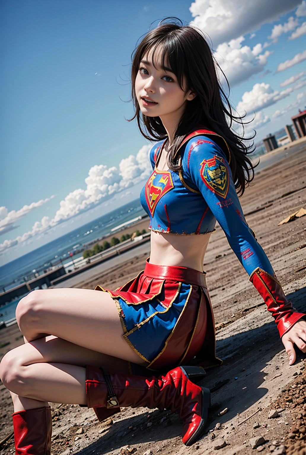  Perfect Body 、 full shot、Tattered supergirl costume、 red skirt 、 red long boots、face feeling pain、 falling to the ground 