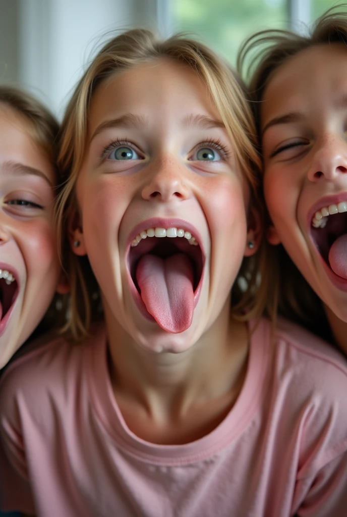 Group of teens on their knees with their mouths open and tongue SeaArt AI