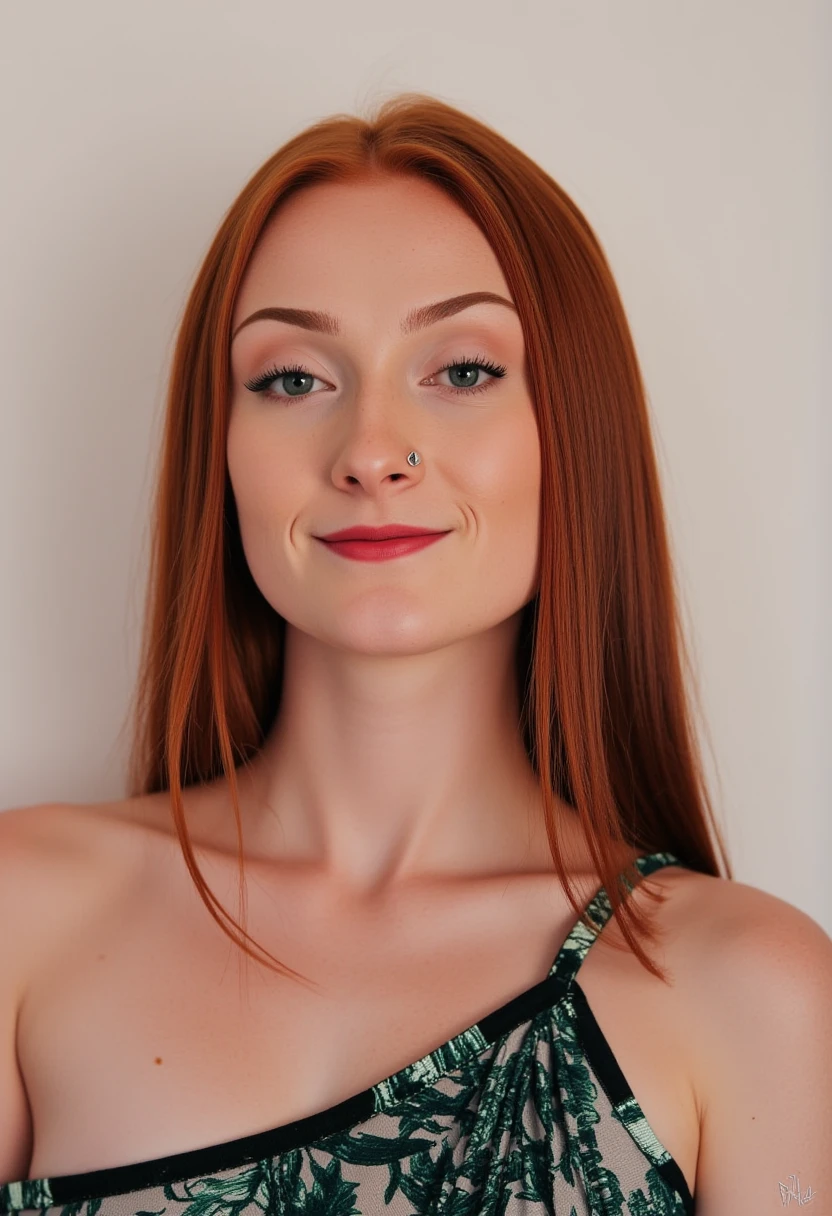 A Raw Color photo features a young, fair-skinned Ginger woman with long, straight, reddish-brown hair and very visible skin freckles. She has a delicate face with light makeup, including a small stud piercing on her lower lip. She is wearing a black, white and Green, one shoulder off top, which is semi-transparent, revealing the outline of her breasts. The background is a plain, light-colored wall, and the lighting is soft, creating a natural and intimate atmosphere. The woman's expression is calm and slightly introspective, with her gaze directed to the viewer with a cute inviting smile. The overall composition is simple and focuses on her natural beauty. Spicy_Hot_Red