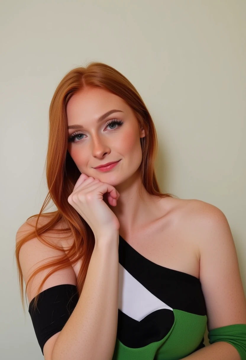 A Raw Color photo features a young, fair-skinned Ginger woman with long, straight, reddish-brown hair and very visible skin freckles. She has a delicate face with light makeup, including a small stud piercing on her lower lip. She is wearing a black, white and Green, one shoulder off top, which is semi-transparent, revealing the outline of her breasts. The background is a plain, light-colored wall, and the lighting is soft, creating a natural and intimate atmosphere. The woman's expression is calm and slightly introspective, with her gaze directed to the viewer with a cute inviting smile. The overall composition is simple and focuses on her natural beauty. Spicy_Hot_Red