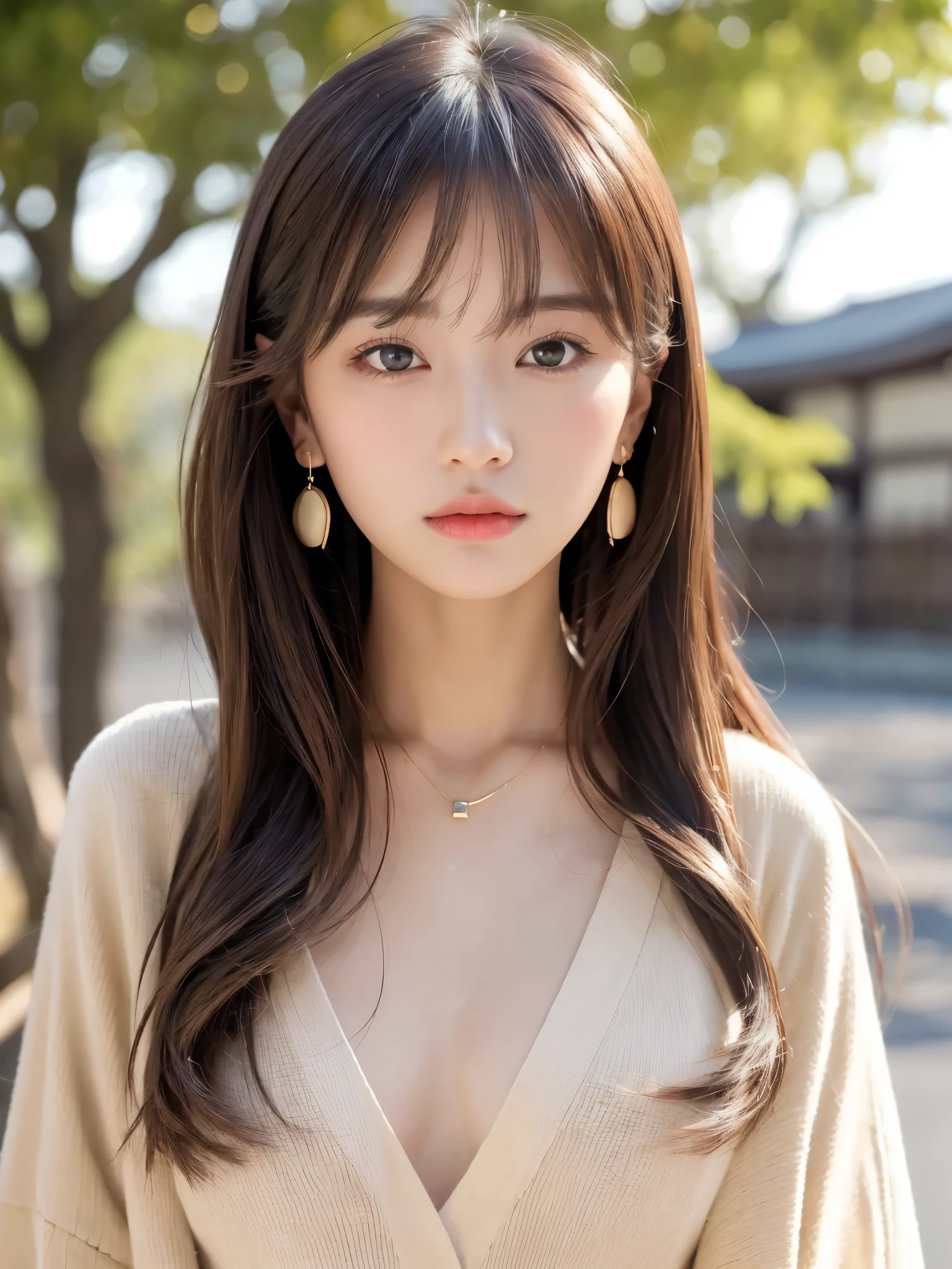  ((Highest quality, 8k, masterpiece:1.3)), concentrate: 1.2, Perfect body beauty: 1.4, Hips: 1.2, ((Long Hair, chest: 1.2)), (Dry clothes: 1.1) , (clear, Simple Background:1.3), Simple clothes: 1.1, Highly detailed face and skin texture,Delicate eyes, double eyelid, Whitened skin, Rough skin、Long Hair、Earrings with bangs、necklace、 solo、Beige coat、White shirt,  (((Beautiful girl with cute Japan)))、  ((Beautiful Japanese girl 20 years old))、 ((Baby Face))、 (((Slender body)))、  Upper Body，Face focus、necklace，Simple Background，From above， Realistic Hair、 A photograph was taken:Canon EOS R6、135mm、1/1250 seconds、f2.8、ISO400、(Detailed explanation of the hand)、(Masseter muscle area)、(Exquisite CG)、Long Hair, loose and curly hair、Korean Hair、Long Hair明るいベージュ色、グラデーションハイライトグレージュのゆるふわLong Hairスタイル、