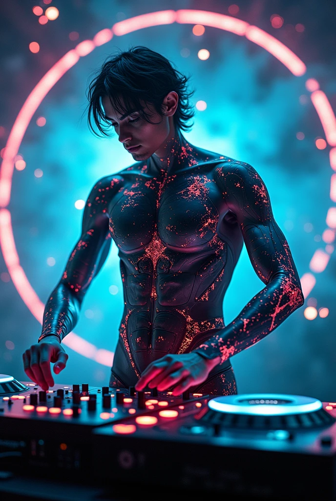(Highest quality:1.2),One man,alone,Are standing_Split,whole body, Photo of a Japanese man in his 20s made of shiny white and silver translucent glass and plastic,Muscular and shirtless, Silver metal interior, Dynamic pose, Flow organic structure, A sparkling golden circuit, colorful Neon decoration, Light emitting circuit, Neon decoration, Depth of Field Focus F/2.8, H'art.right. liver, Greg rightutowski