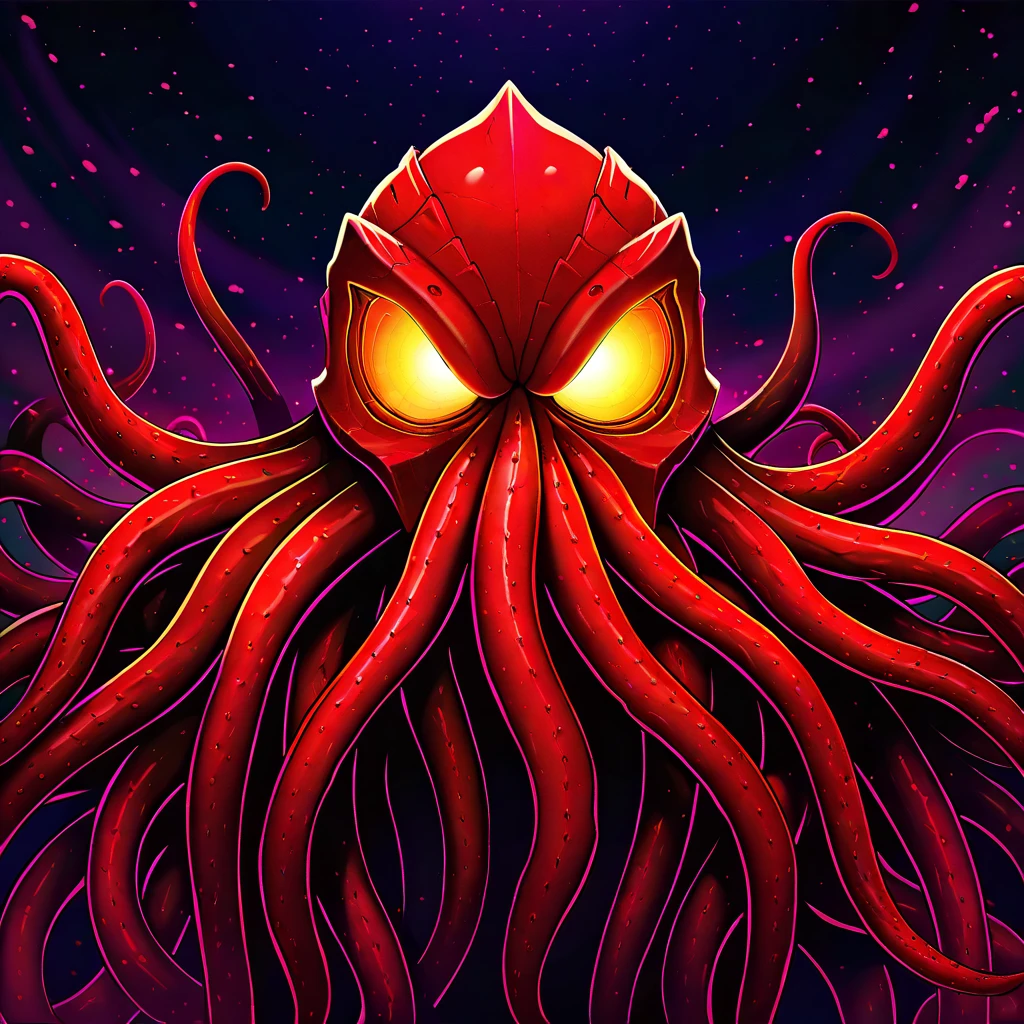 (masterpiece), best quality, solo, no humans, Cthulhu Night stalker with red and marooncolor palette with background



