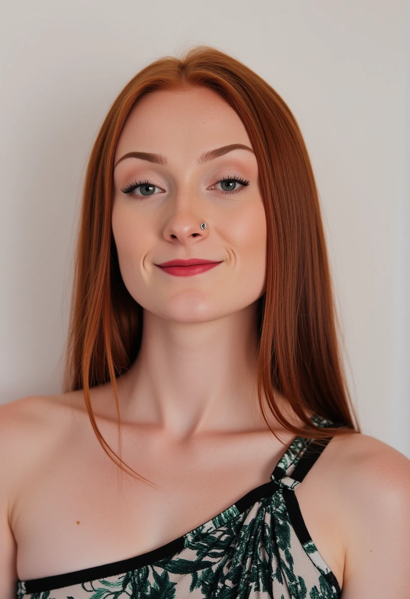 A Raw Color photo features a young, fair-skinned Ginger woman with long, straight, reddish-brown hair and very visible skin freckles. She has a delicate face with light makeup, including a small stud piercing on her lower lip. She is wearing a black, white and Green, one shoulder off top, which is semi-transparent, revealing the outline of her breasts. The background is a plain, light-colored wall, and the lighting is soft, creating a natural and intimate atmosphere. The woman's expression is calm and slightly introspective, with her gaze directed to the viewer with a cute inviting smile. The overall composition is simple and focuses on her natural beauty. Spicy_Hot_Red