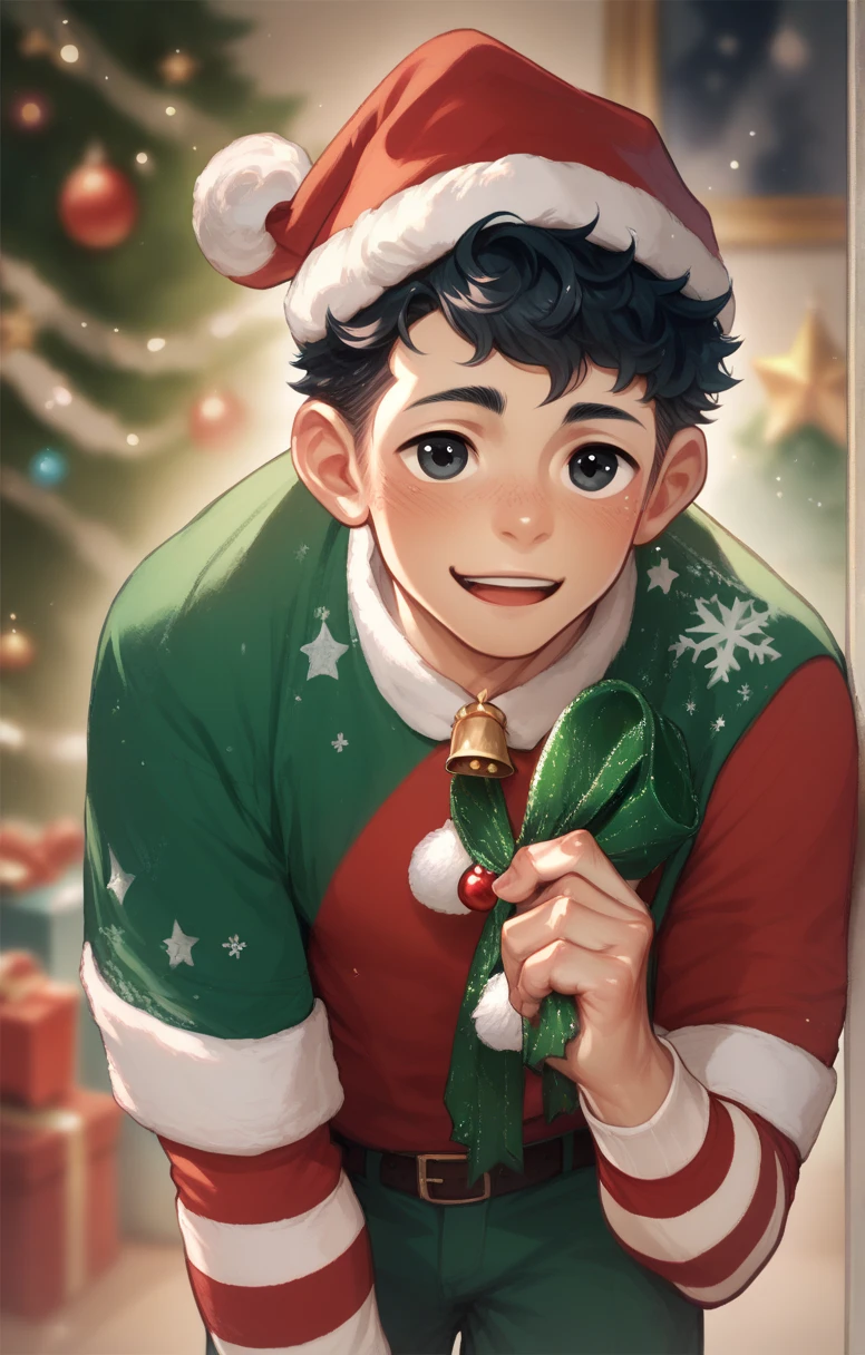  Cute young man twink with curly blond hair and black eyes wearing Christmas clothes