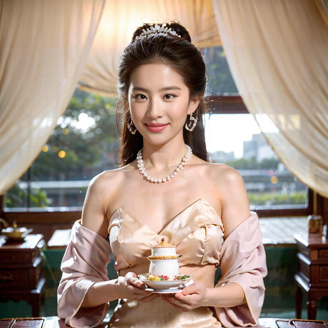 8k high quality, best quality, masterpiece, perfect movie quality, half-length, an 18-year-old girl, wearing Hanfu, exposing her breasts and pink nipples, looking at the camera with a smile, she has a double bun hairstyle and a pearl headdress , wearing a pearl necklace, holding a bowl of Chinese glutinous rice dumplings in both hands, putting the Lantern Festival on her chest, sitting in a room with a Chinese building, there is a tea set on the table, a window behind, the light shines brightly on the body, making the breasts and body oily charming