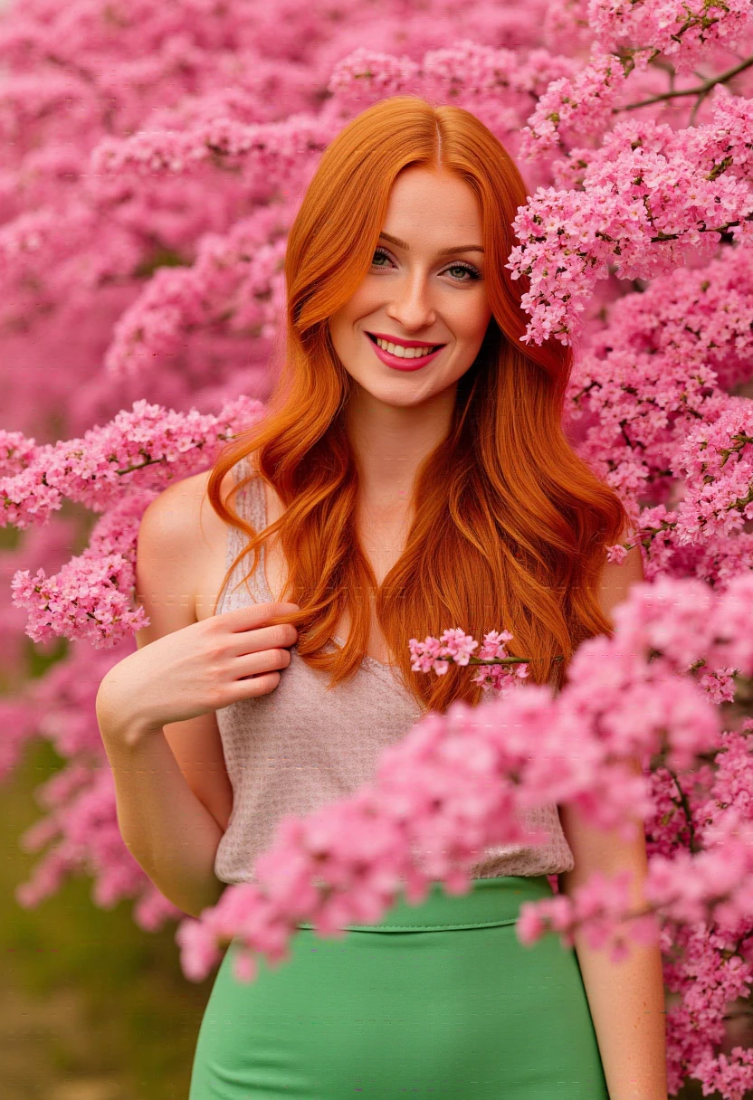 Raw HiRes Photo of a fair-skinned, red-haired woman with freckles, standing amidst blooming pink flowers. Her long, wavy hair cascades over her shoulders, partially obscuring her face. She gazes directly at the camera with a contemplative expression and beautiful photogenic smile. Her bare shoulders and arms are visible, she is wearing a polka dot top and a green short skirt. The background is filled with soft-focus pink blossoms, creating a dreamy, ethereal atmosphere. The overall color palette is dominated by shades of pink and red, enhancing the romantic, nature-inspired feel of the image. Spicy_Hot_Red