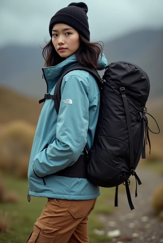Real human photo, shot from behind over the shoulder, a woman,.medium tall body, shoulder length wavy black hair and fair skin.. Wearing plain light blue jacket , brown cargo pant, black beannie,carrying a big black mountain backpack, she is standing raising up hands, shotnfrom behind over the shoulder.