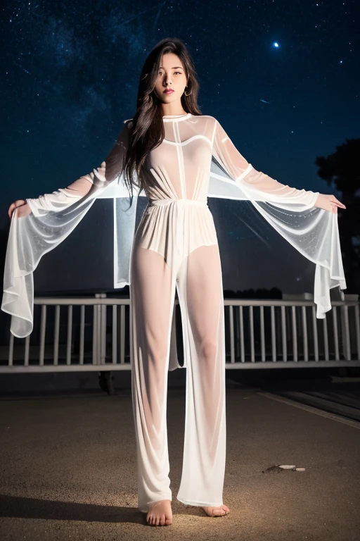 Masterpiece, a beautiful void goddess, full body white transparent clothes standing under empty night stars, disappearing transparent pants, full body standing, tall figure, slender legs, facial details, detailed body part details, 8k wallpaper