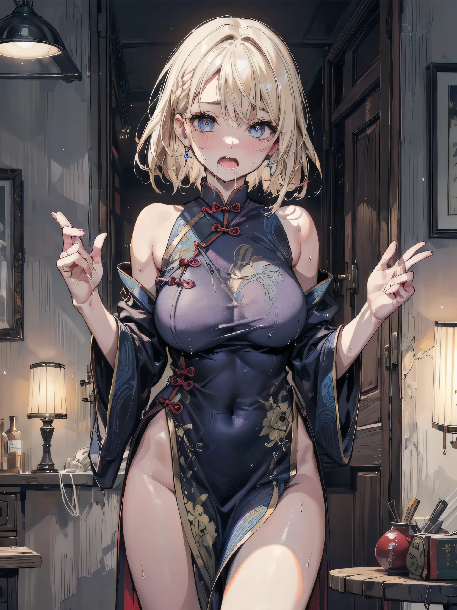 Silver Hair、(masterpiece, Highest品質, Highest, Official Art, beautifully、beautiful, exposed for a long time: 1.2), Smooth movement, Attractive patterns, 1 girl, (Dresses with sleeves: 1.4), Upper Body close-up, Expose your shoulders, Chinese Girl, blush, Black lob hair, Portraiture, alone, Upper Body, Observing the observer, Detailed Background, Detailed face, Controlling the wind, Dynamic pose, Aether Dynamics, in the background, Great atmosphere,blonde, Plump face,Random Pause