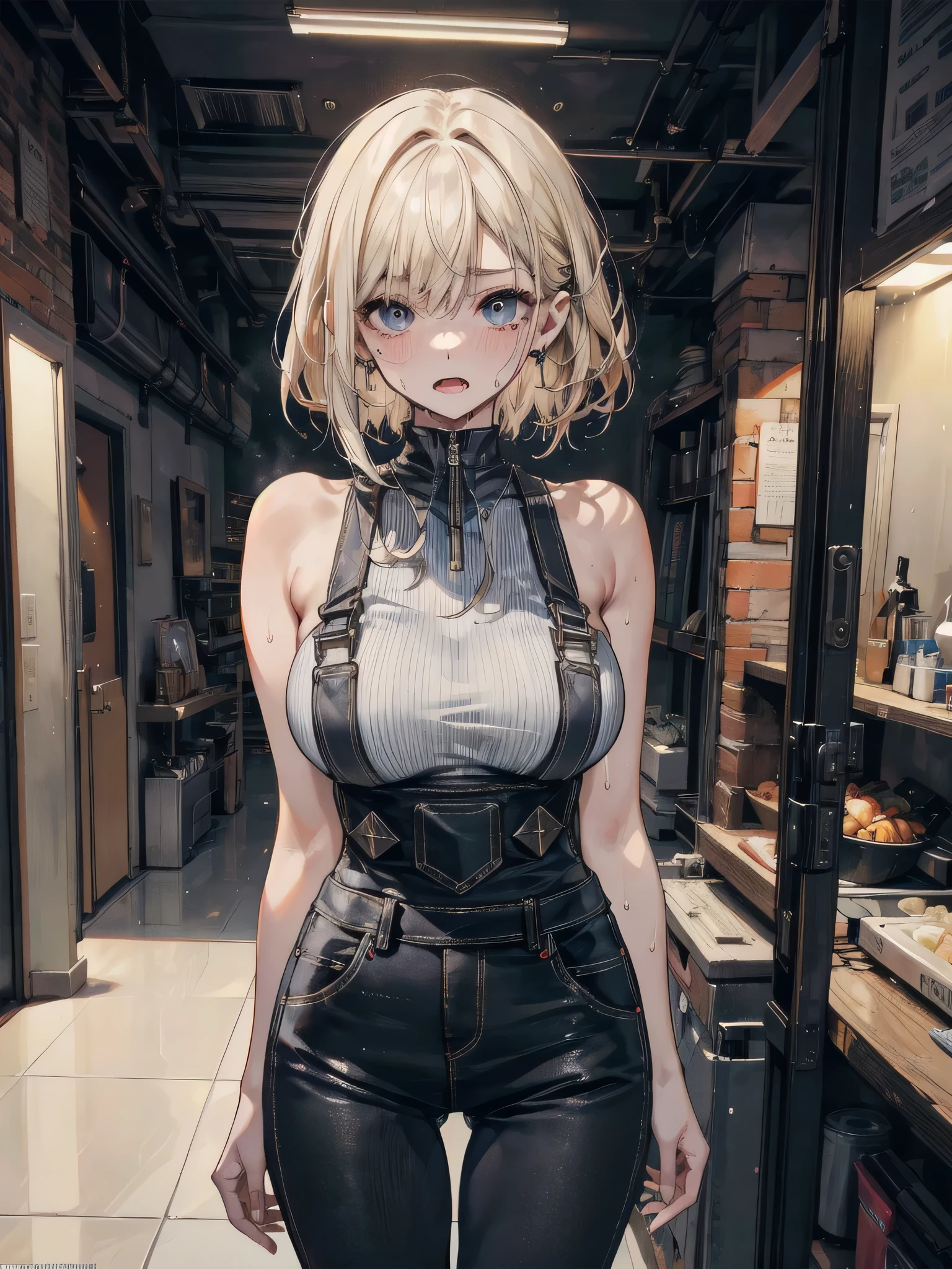 (masterpiece, best quality: 1.2, Ultra detailed, realistic), une fille, in profile, very detailed face, tout le corps, cyberpunk, hairstyle with pigtails, vulgar, sexly, collant noirs, Jupe moulante, beautiful breasts, beau cul rebondi, wide hip, hot, provocative