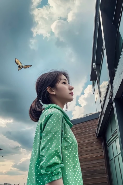 ((crane))、bird、after the rain、1girl,from below