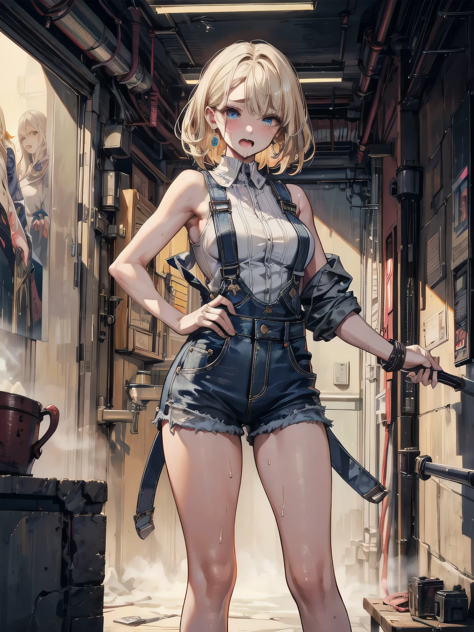 (masterpiece:1.2), (Military uniform magazine cover:1.4),best quality,PIXIV,Sweet girl , sexy posture,1girl, (perky chest:1.2), rolling upskirt by wind:1.6, (with sparkling eyes and a contagious smile),open mouth, (pointed chest:1.2),fishnets, black hair, boots, long hair, black nails, skirt, shirt, black footwear, bag, black skirt, jewelry, jacket, thigh strap, bangs, necktie, earrings, nail polish, multicolored hair, looking at viewer, full body, bottle, own hands together, belt, jacket on shoulders, food, cats on head, ring, choker, english text, collared shirt, blue eyes, hat, lace-up boots ,masterpiece、highest quality、Very detailed、An illustration、Beautiful fine details、One Girl、cute、Detailed landscape、Training Room Background:1.4、Platinum Blonde Hair、Braided Ponytail、Red camisole、((c cup breasts, Tank top showing underboob:1.4))
