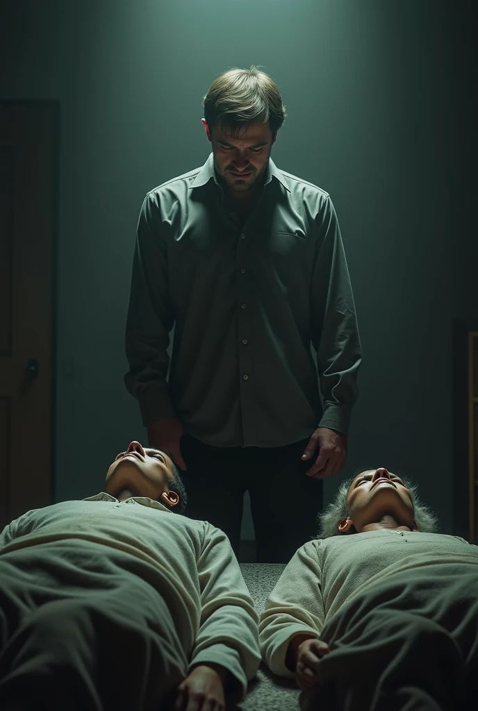 A dead woman and a dead man, with a man standing on the living side