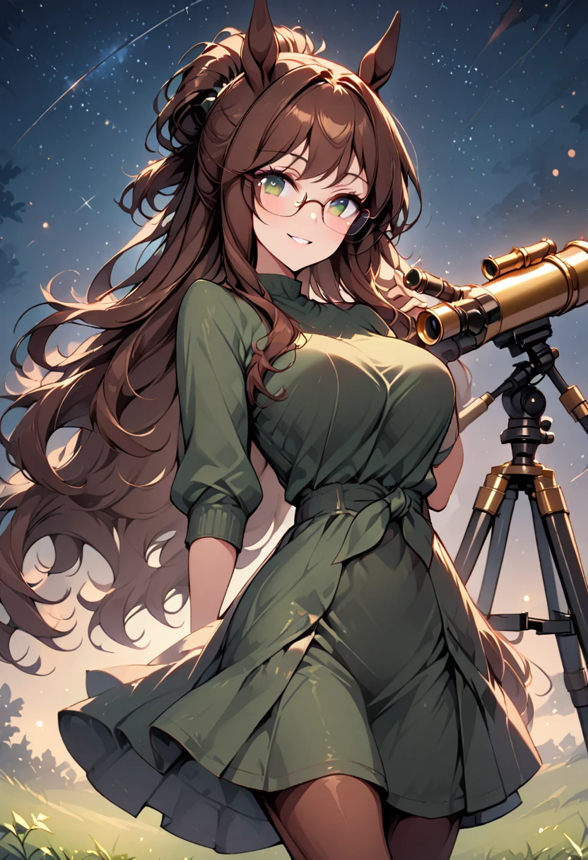 solo, female, close up, long wavy hair, brown hair, dark green eyes, centaur girl, brown horse ears, very large breasts, tied hair, modest clothes, night sky, wide smile, large brass telescope, telescope on tripod, starry sky, grassy field, night, glasses, horse body, horse legs, quadruped