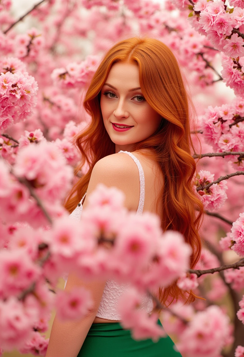 Raw HiRes Photo of a fair-skinned, red-haired woman with freckles, standing amidst blooming pink flowers. Her long, wavy hair cascades over her shoulders, partially obscuring her face. She gazes directly at the camera with a contemplative expression and beautiful photogenic smile. Her bare shoulders and arms are visible, she is wearing a polka dot top and a green short skirt. The background is filled with soft-focus pink blossoms, creating a dreamy, ethereal atmosphere. The overall color palette is dominated by shades of pink and red, enhancing the romantic, nature-inspired feel of the image. Spicy_Hot_Red