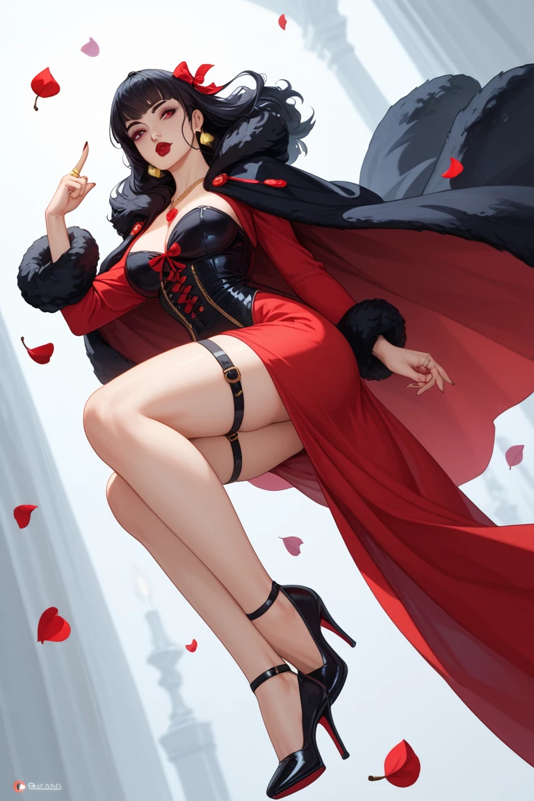 Ellen Joe wears a black dress with red details., Red eyes, masterpiece, very detailed animation, High-Quality Animation, very detailed animation, high graphics, best cg, Unreal 5, Best Quality, Animation Improvement, pretty eyes, beautiful face, detailed eyes, detailed face, full body, in bed,  