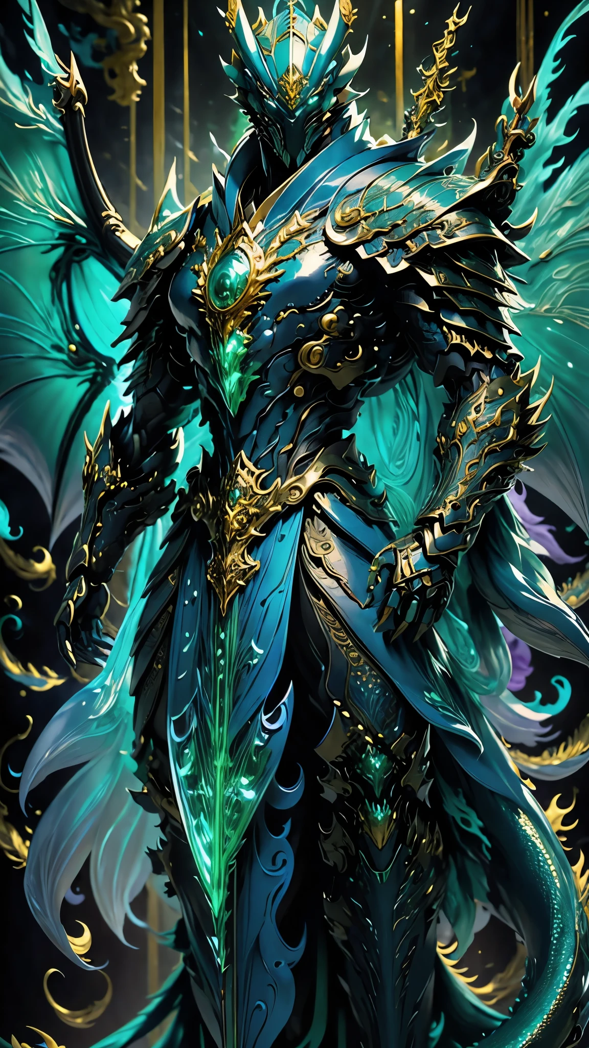 (Masterpiece, top quality :1.2), Jade Dragon Warrior、 Blue Cloak、 voluminous cloak with a three-pronged spear、 Dragon Wings 、 big wings、I have a three-pronged spear、 dragon tail、The color of the cloak is blue 、