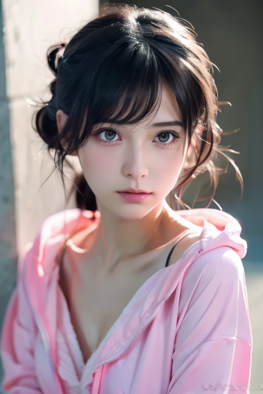  Lori anime girl in pink wet clothes, Realistic shadows,  detailed skin, Extremely small bust ,  black hair,  hair bow,  very detailed, 8K high resolution face , Perfect Face Shape, Perfect Lips, Perfect Nose,  beautiful eyes,  viewers, masterpiece,  top quality , Single women, No.,  no panties, Alone