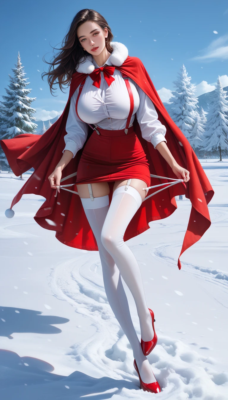 score_9,score_8_up,score_7_up,high res image,masterpiece,best quality,realistic,1girl,santa_costume,white_shirt,(red cape:1.2),(red skirt:1.2),snow,(white suspenders stockings:1.4),(leg focus:1.2),(big breasts:1.3),(clothes_pull:1.3),