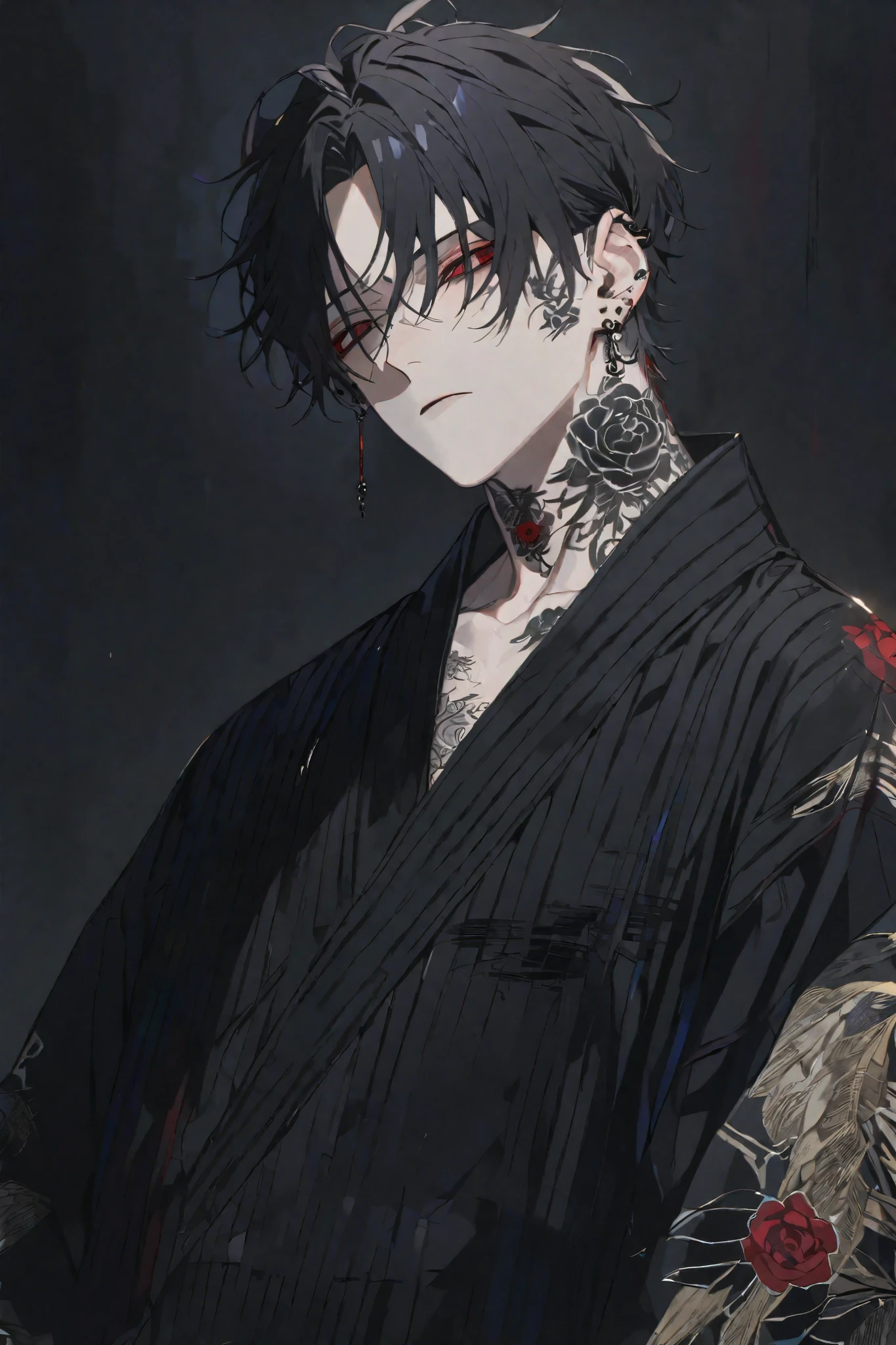 Alone, 1 male,  black hair ,  red eyes,  black yukata , 귀 piercing, black rose tattoo on neck, dark background 1 .3