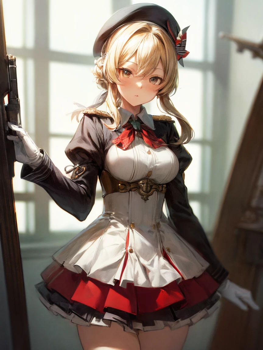 (masterpiece, highest quality:1.2),KashimaRIG, kashima \(kancolle\), beret, epaulettes, red neckerchief, frilled sleeves, long sleeves, military uniform, (white gloves) miniskirt, pleated skirt, anchor, rigging, turret, gun, machinery, canon,top-quality,Top image quality,perfect anatomy,masterpiece,ultra-detailliert,Beautiful,ultra-quality, best quality,high resolution, ultra-detailed,game cg,dutch angle ,beautiful detailed eyes,visualart,five fingers, perfect hands,