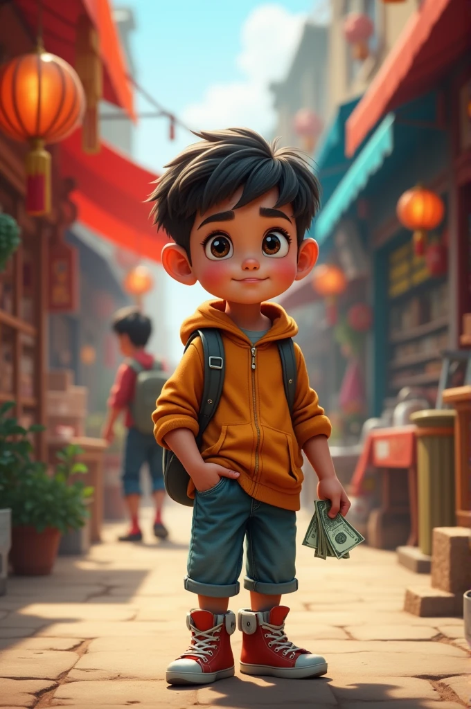 Cute Korean boy wearing casual yellow shirt black jecket and white pant and stand
Saddar karachi Pakistani street 3d render 8k realistic