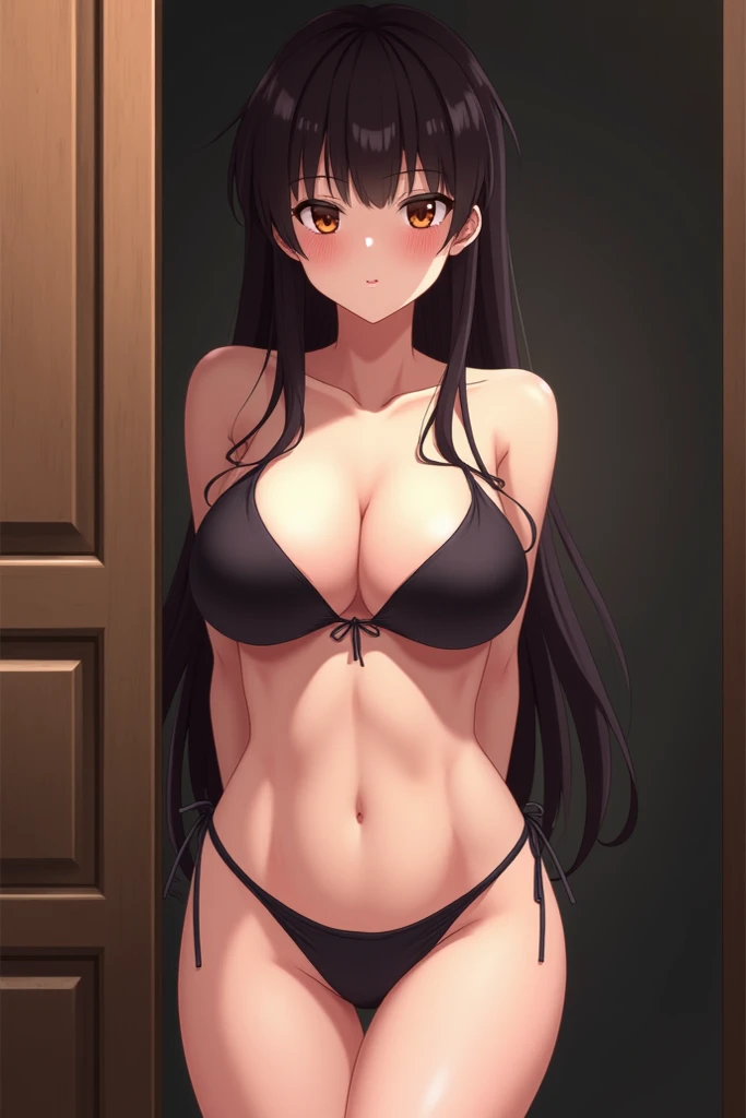 (highest quality,4K,8k,High resolution,masterpiece:1.2),Super detailed,(Actual,Realisticに,Realistic),,Ultra HD Face, (((Wearing a black high leg bikini)))、Close-up of a woman posing for a photo, White skin, huge ,Abnormal breast swelling, The rib cage is larger than the shoulder blades, Narrow waist, Pelvis is larger than shoulder blade, Fitness Model, Red cheeks, take a breath, Sweaty, Soaking wet