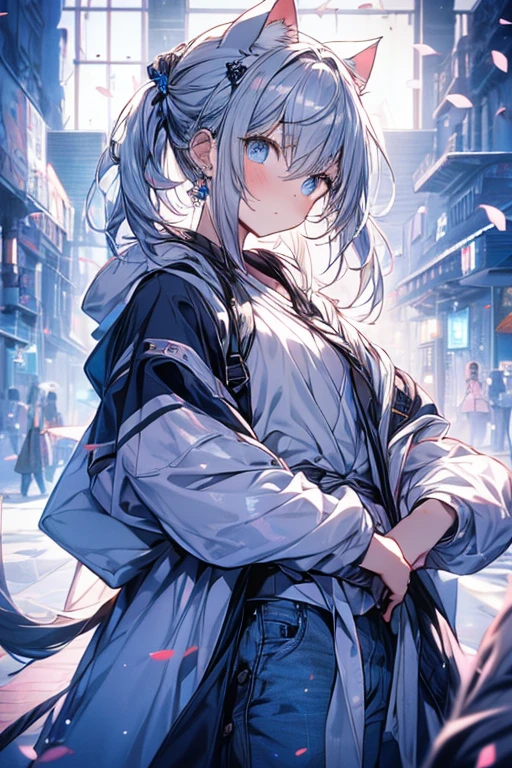 masutepiece, Best Quality,Illustration, Wallpaper, Ultra Detail, absurderes, 1girl in, Solo, (Medium short hair、short braided hair), Beautiful detailed eyes, rainfall、water dripping、wetting hair , Wet clothes, (Street:1.3), Cloudy sky、kirakira